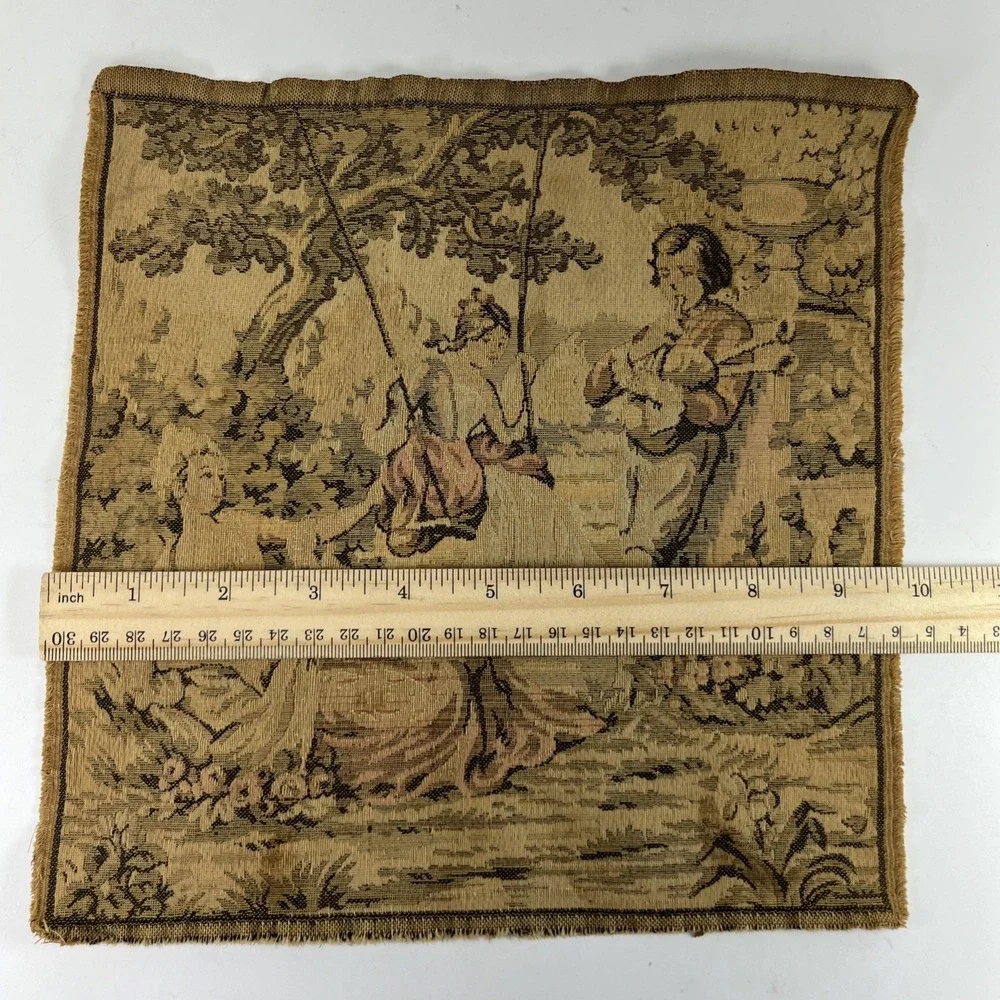Antique French Tapestry Square Ladies Swing Man Textile Rococo Jacquard Victoria